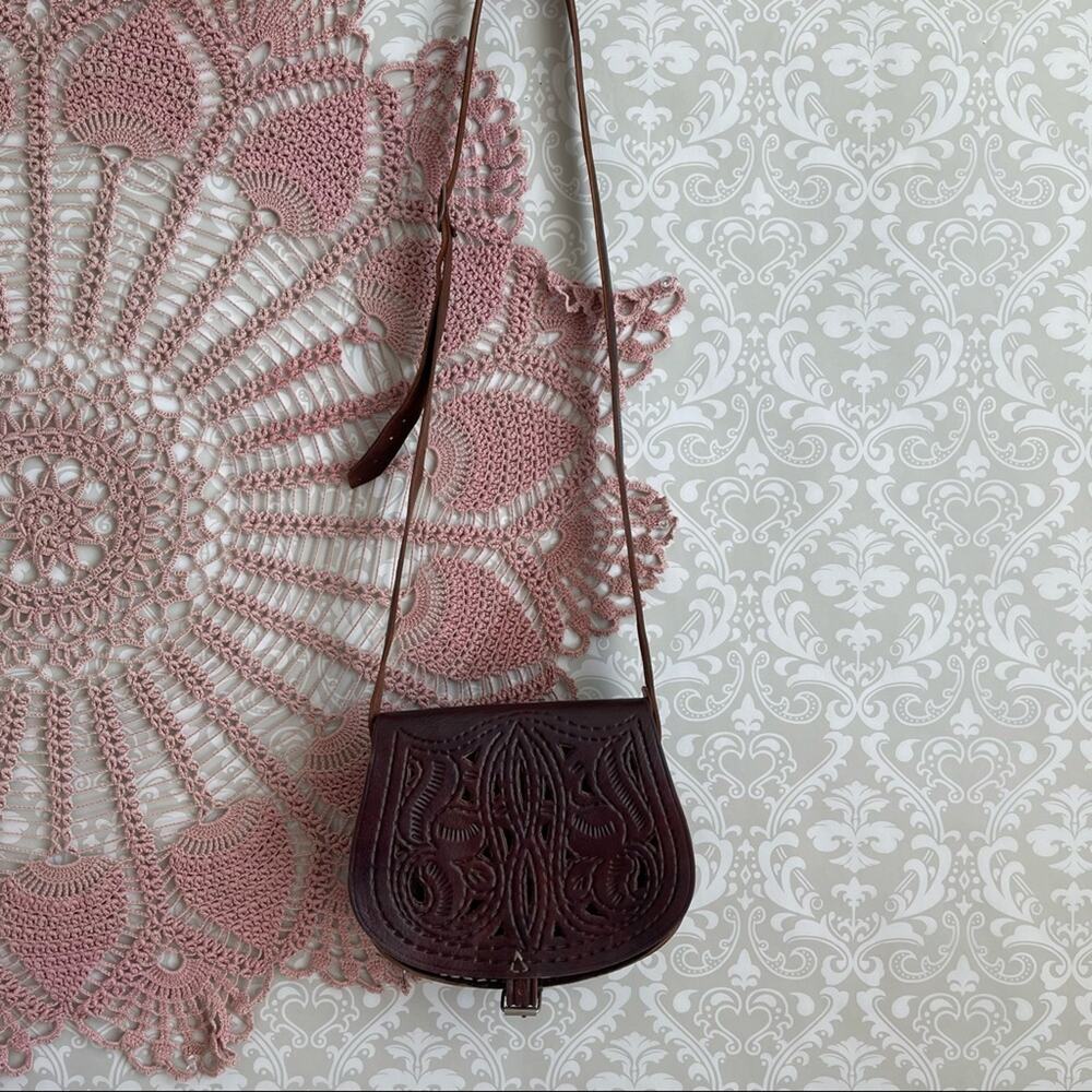Leather Embossed Cutout Shoulder Crossbody Mini Bag Purse Brown